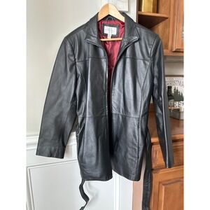 Worthington 90s Vintage Black Leather Belted Long Moto Coat Women's XL Red Lined